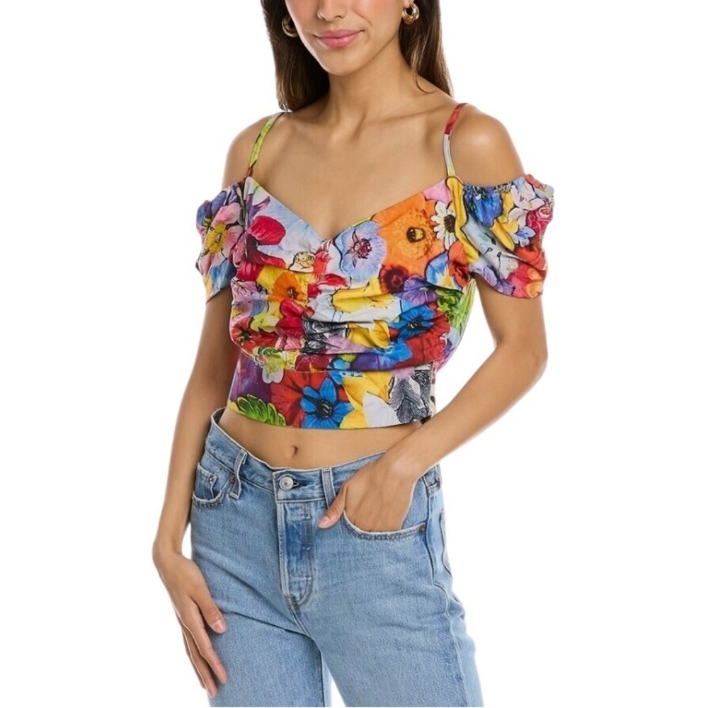 Walter Baker Kinsley Tropical Garden Cold Shoulder Crop Blouse Top Multi Women S